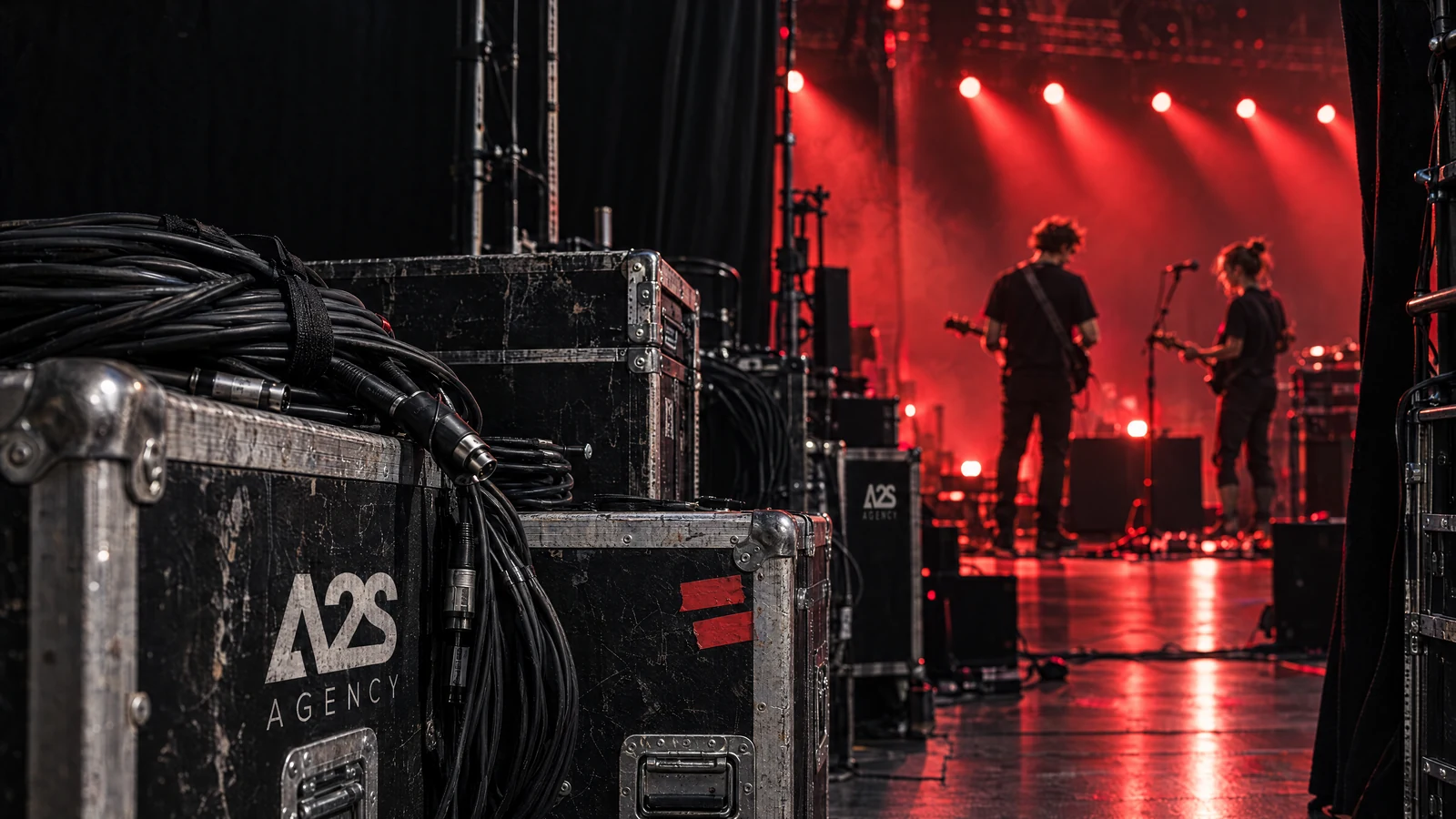 Backstagebereich mit Flightcases und Bühnenlicht