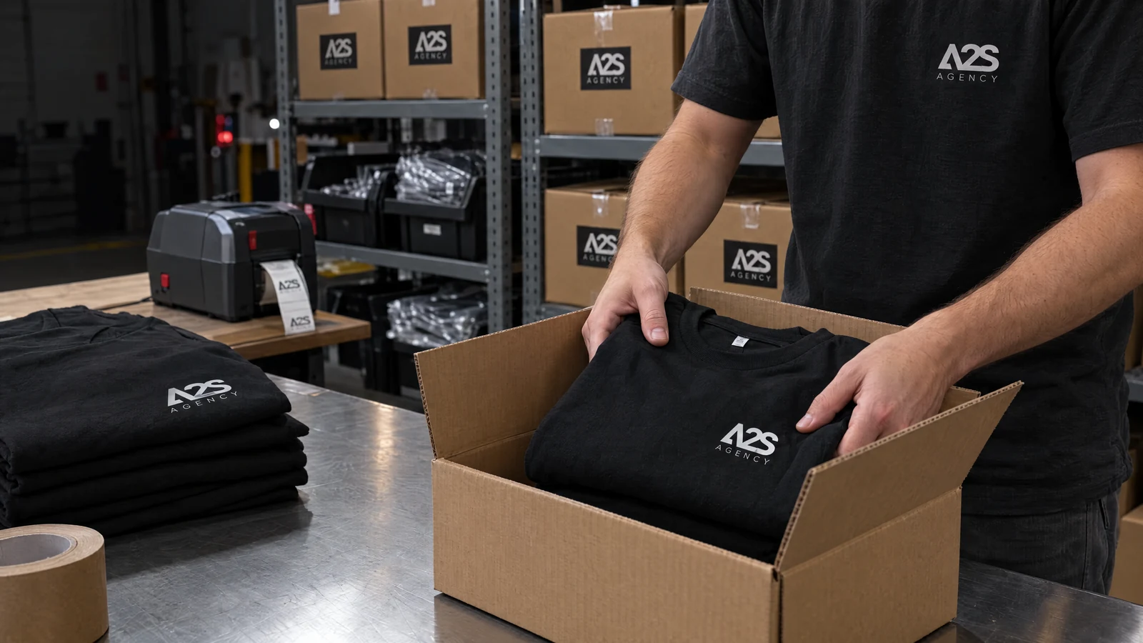 Logistikszene mit verpacktem Merchandise und Versandmaterial