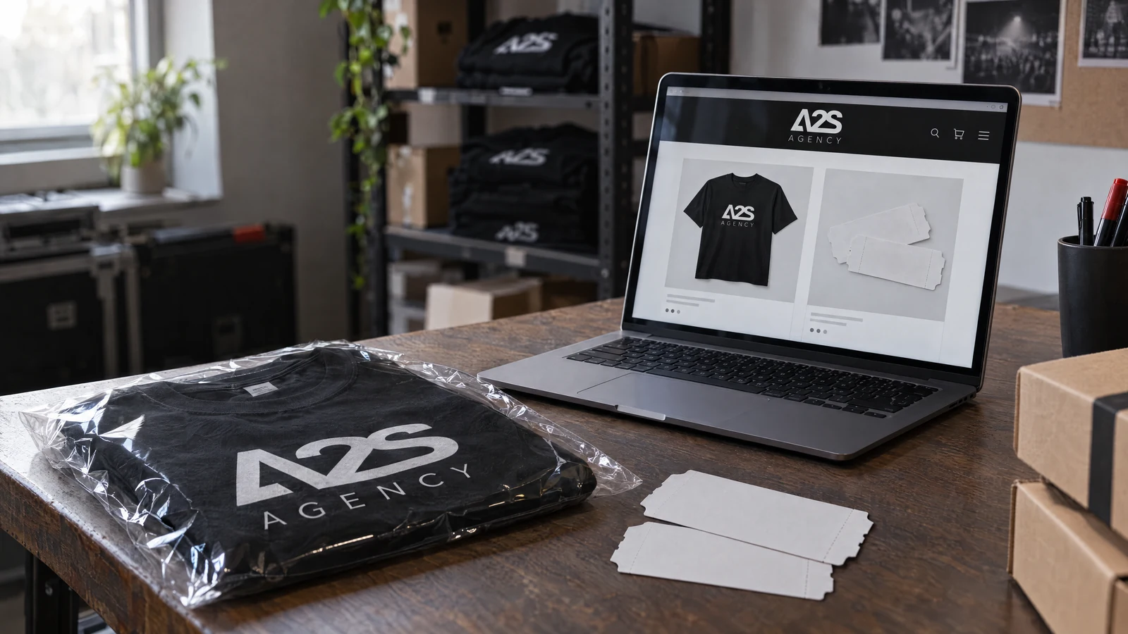 Produktszene mit Online-Shop für Merchandise und Tickets