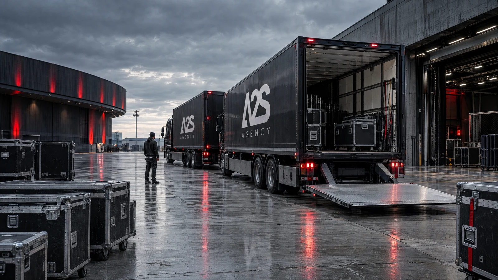 Tourlogistik mit Lkw und Flightcases an einer Ladezone